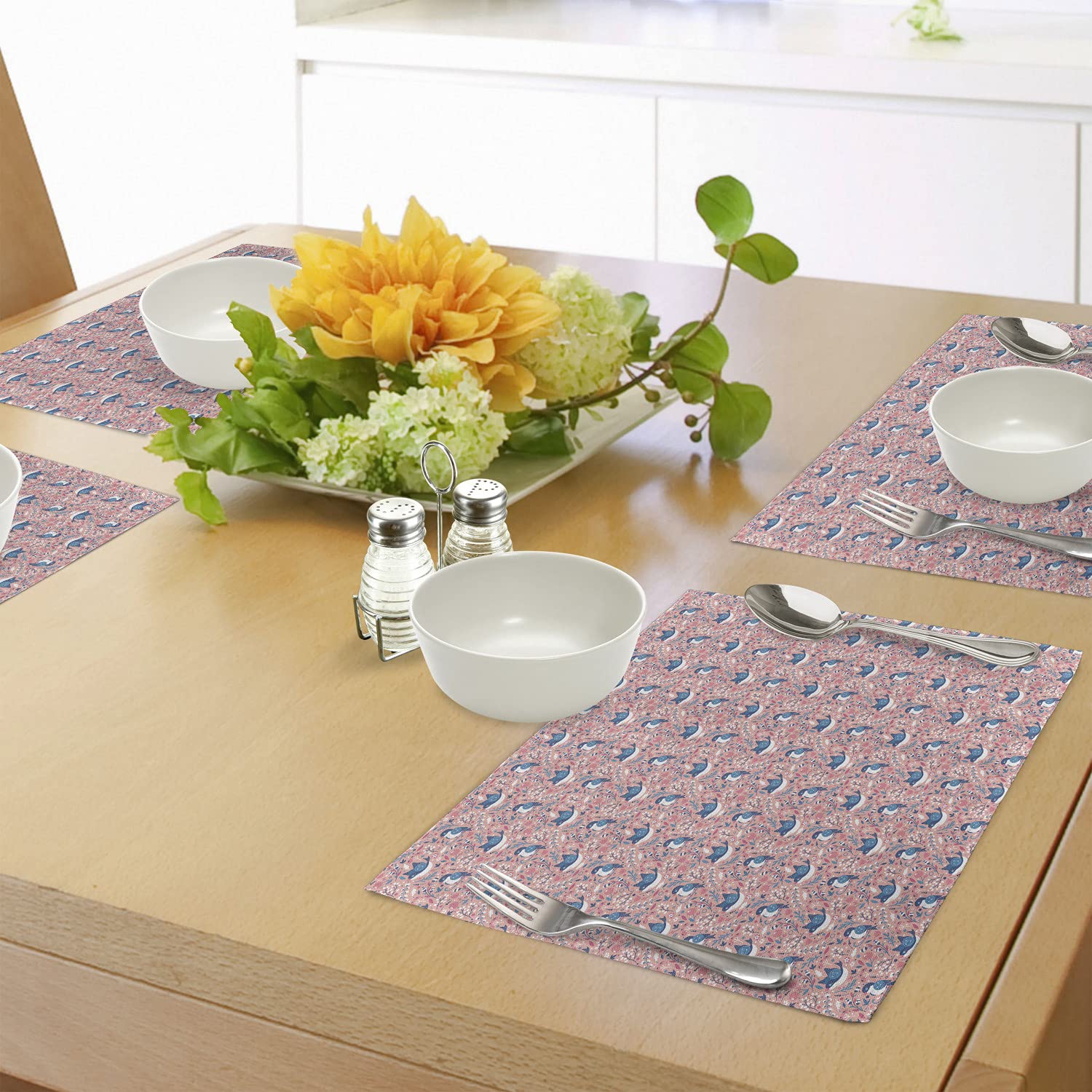 Ambesonne 4-Pack Botanical Placemats Set - Floral & Swallow Bird Design, Washable Fabric Table Mats for Dining Room & Kitchen Decor in Coral, Pink & Blue | Perfect for Spring Tablescapes, Dinner Parties & Home Styling