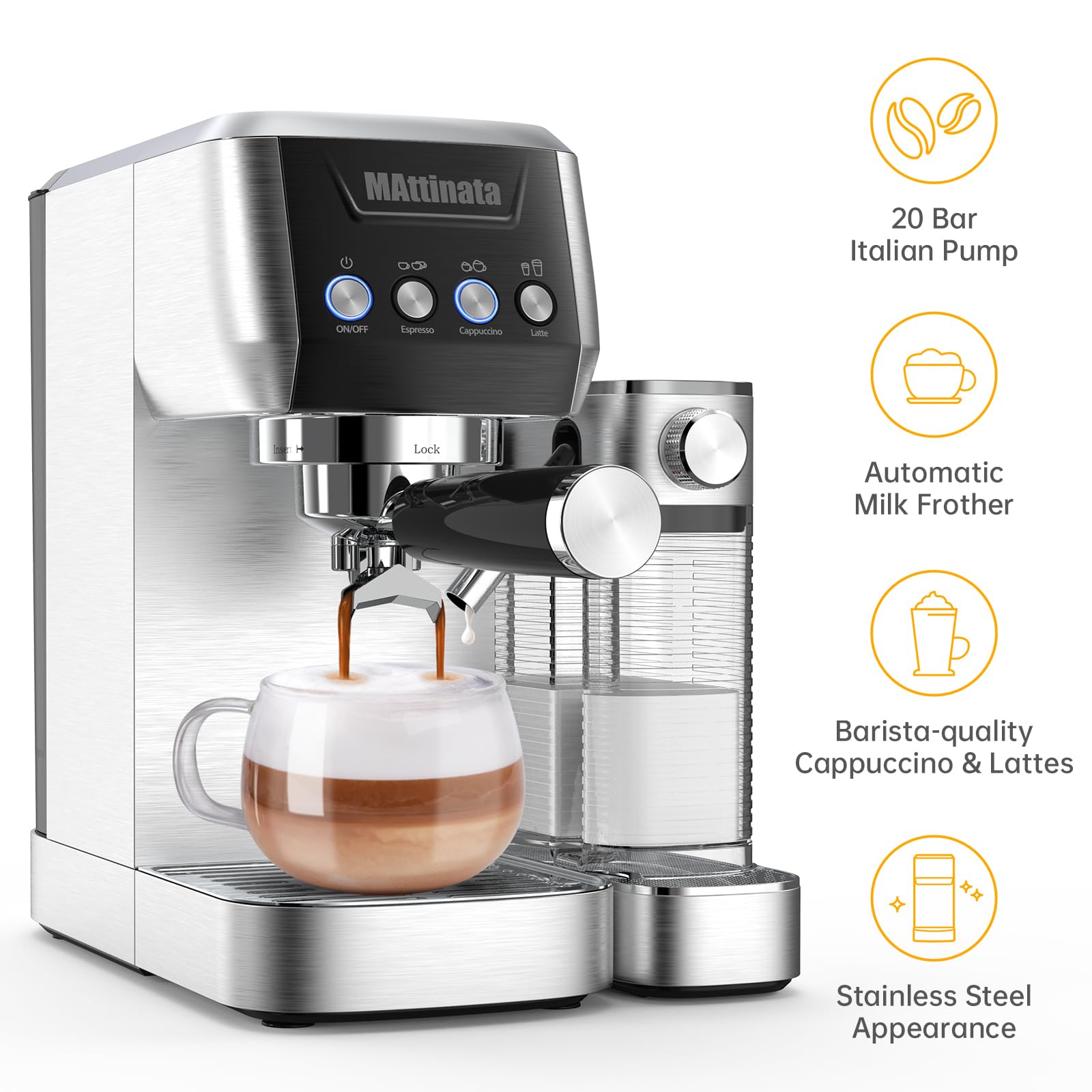 Premium 20 Bar Espresso Machine with Milk Frother - Stainless Steel Cappuccino Maker for Home, Automatic Milk Tank & Long-Lasting Performance - Perfect Gift for Coffee Lovers | Ideal for Home Kitchens, Offices & Coffee Shops