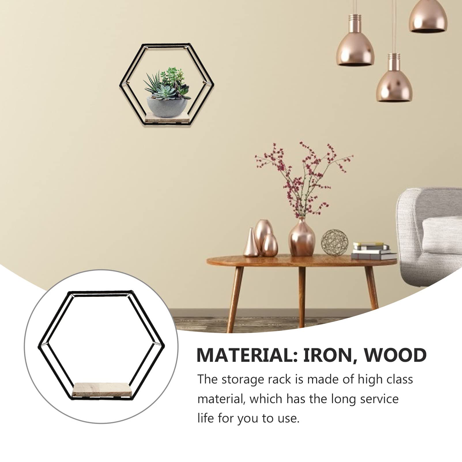Hexagon Floating Shelf - Metal Frame Wall Mount Display Shelf for Storage & Organization | Rustic Geometric Shelf for Books, Plants, Sundries | Perfect for Living Room, Bedroom, Bathroom Decor