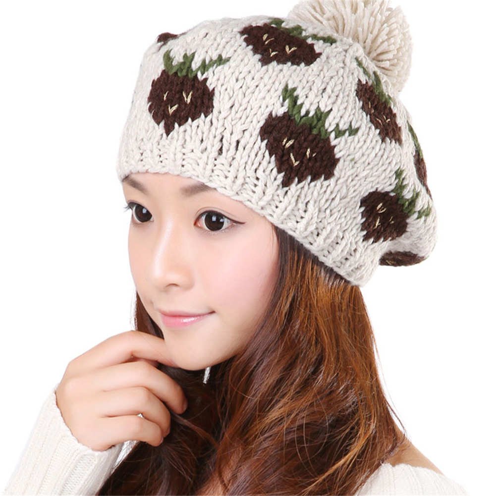 BIBITIME Handmade Knit Strawberry Hat with Pompom - Warm Winter Beanie for Women - Perfect for Cold Weather, Outdoor Activities & Fashion Accessories