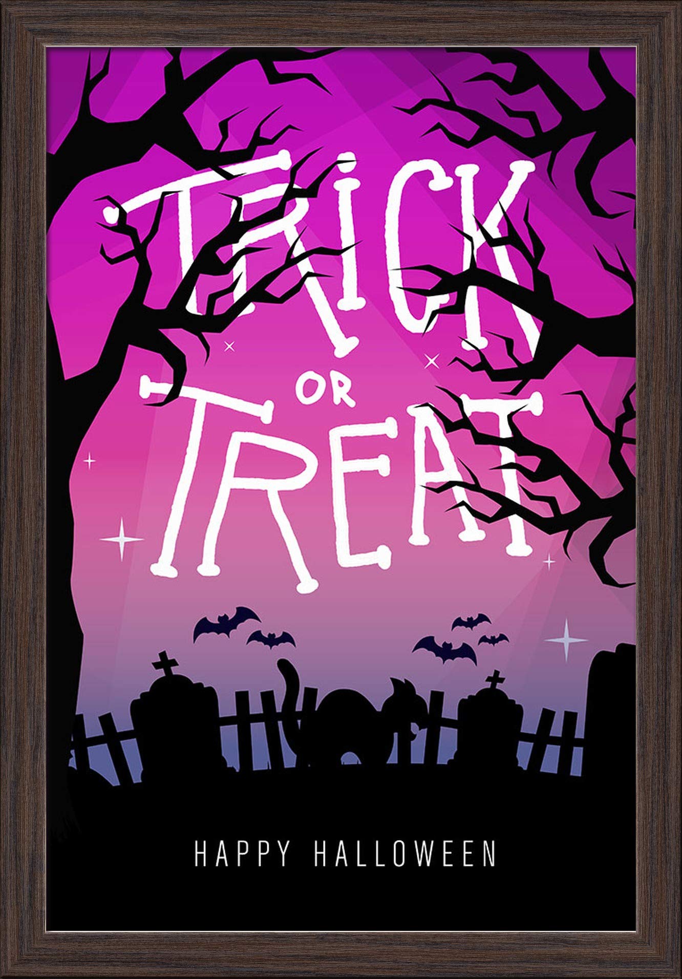 Happy Halloween Trick or Treat Graveyard Cat Art Print - 16x24 Giclee Fine Art with Recycled Wood Frame in Espresso Brown - Perfect for Halloween Decor, Spooky Home Decor & Gothic Wall Art