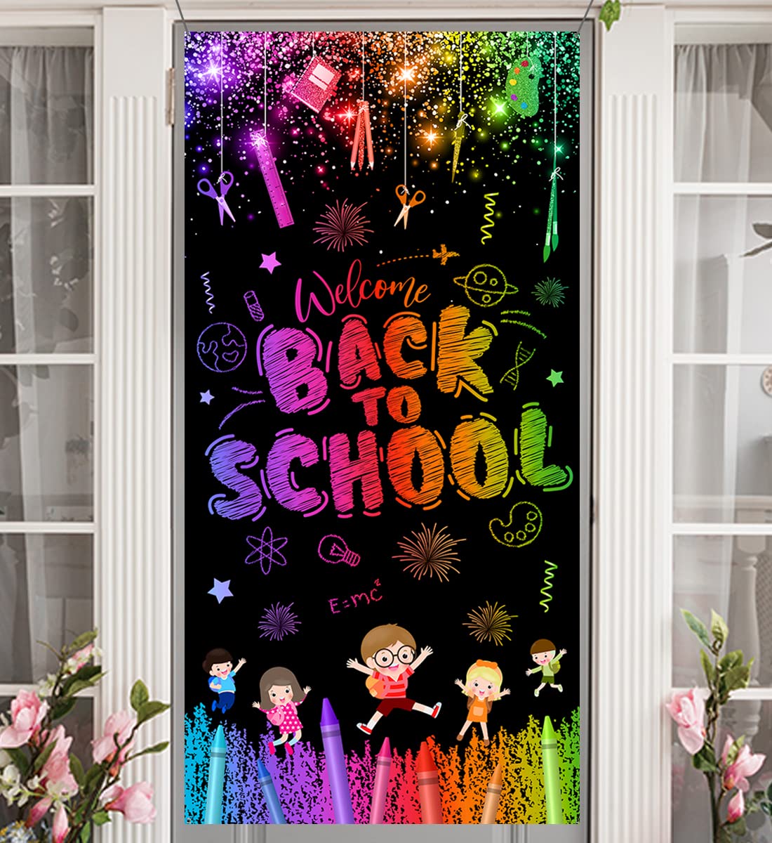 Black Back to School Banner Door Cover - Welcome Back Decoration for Preschool & Kindergarten Classrooms - First Day of School Photo Backdrop - Perfect for Classroom Decor, School Events & Teacher Appreciation Gifts