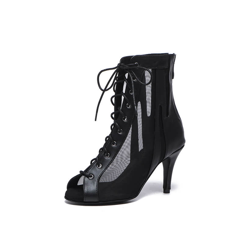 Women's Black Lace Up Mesh Peep Toe Dance Boots - Comfortable & Stylish for Latin, Tango, Salsa Dancing & Performance