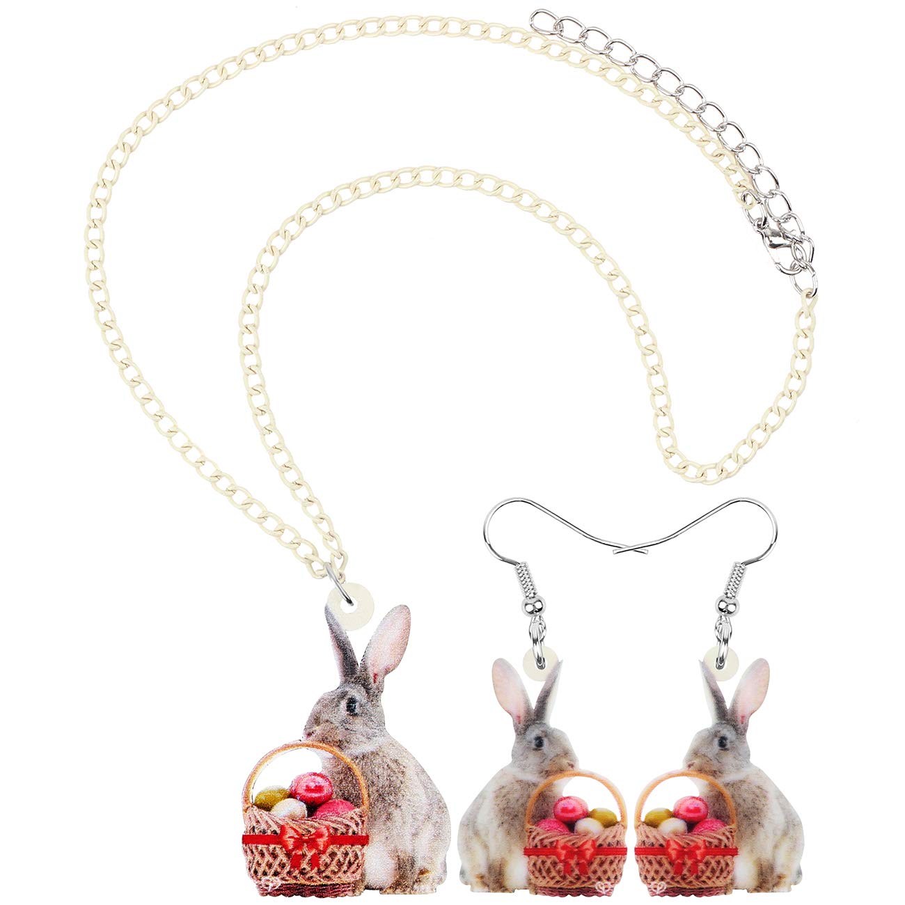 WEVENI Acrylic Easter Egg Basket Bunny Hare Jewelry Set - Rabbit Earrings & Necklace Pendant Gift for Women (Red) | Easter Party, Spring Festival, Birthday Gift, Mother's Day Present