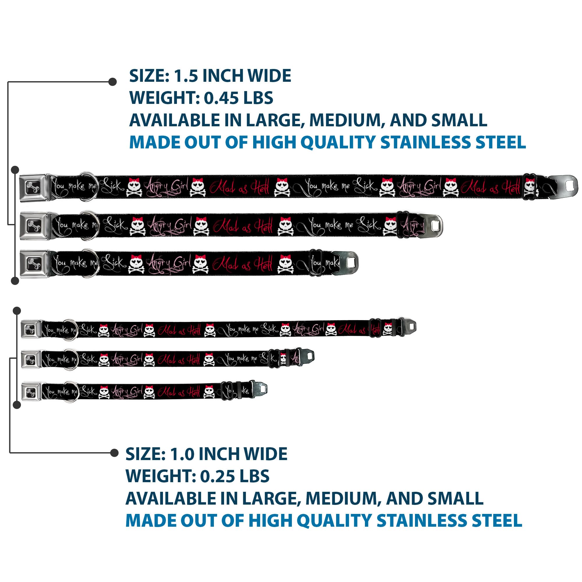 Buckle-Down Seatbelt Buckle Dog Collar - Angry Girl/Mad As Hell/You Make Me Sick - 1.5