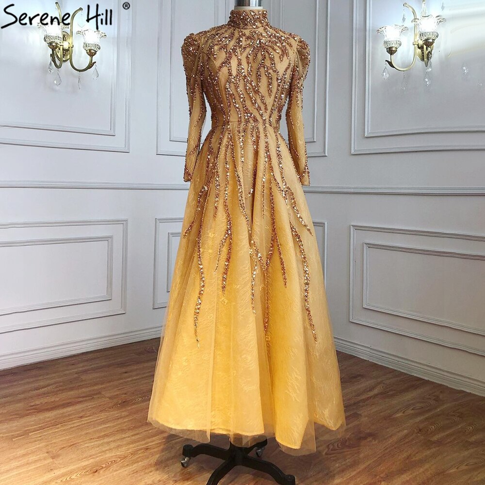 Elegant Muslim Gold Sparkle Beaded Evening Gown A-Line Ankle-Length Dress for Women - Perfect for Weddings, Parties & Special Occasions - LA70996
