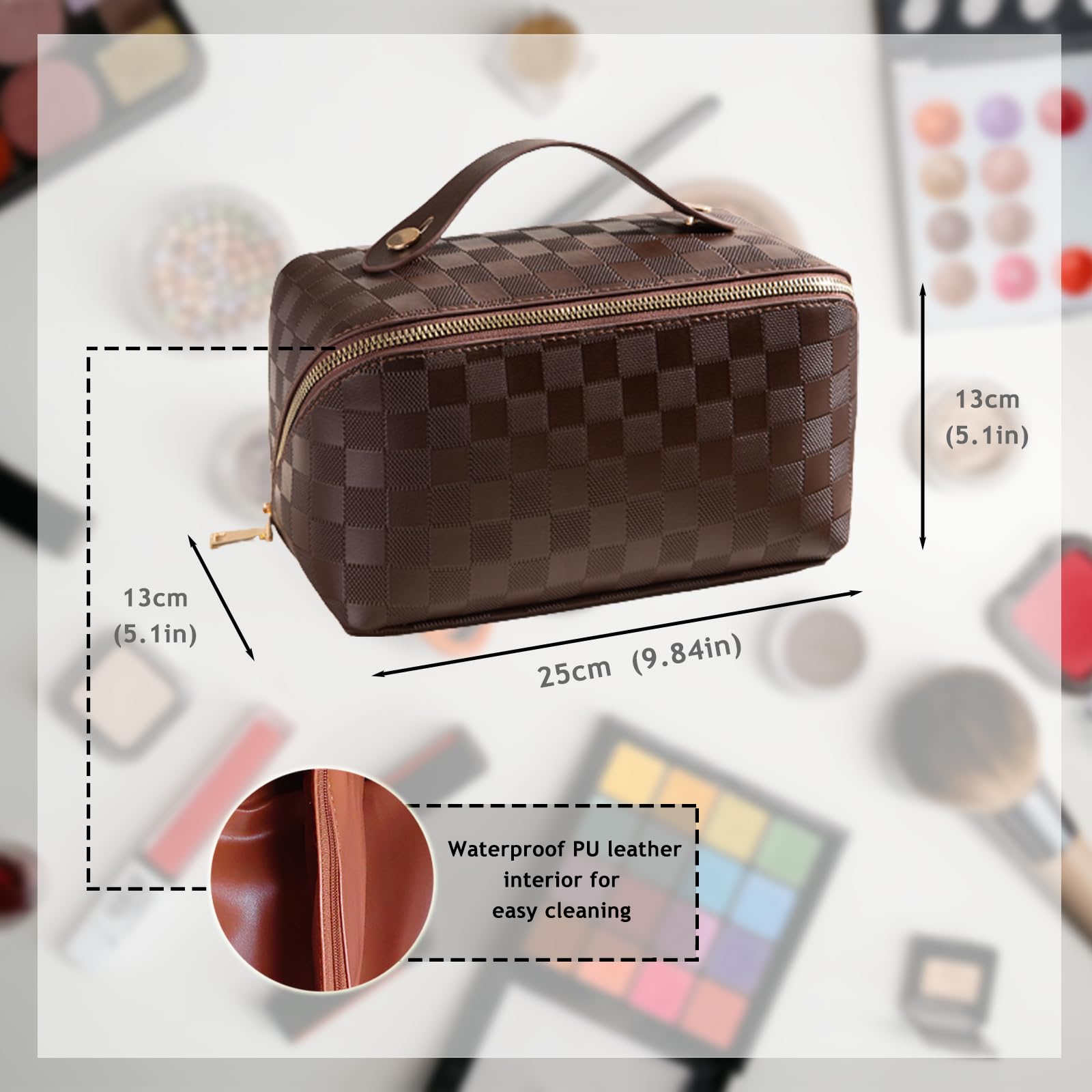 Large Capacity Waterproof PU Leather Travel Cosmetic Bag for Women - Multifunctional Makeup Organizer with Handle, Plaid Checkered Design (Brown) | Perfect for Travel, Gym, and Daily Beauty Storage