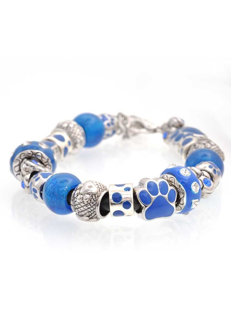 Blue Paw Print Bead Bracelet with Heart Outline & Pink Ribbon - Adjustable 7