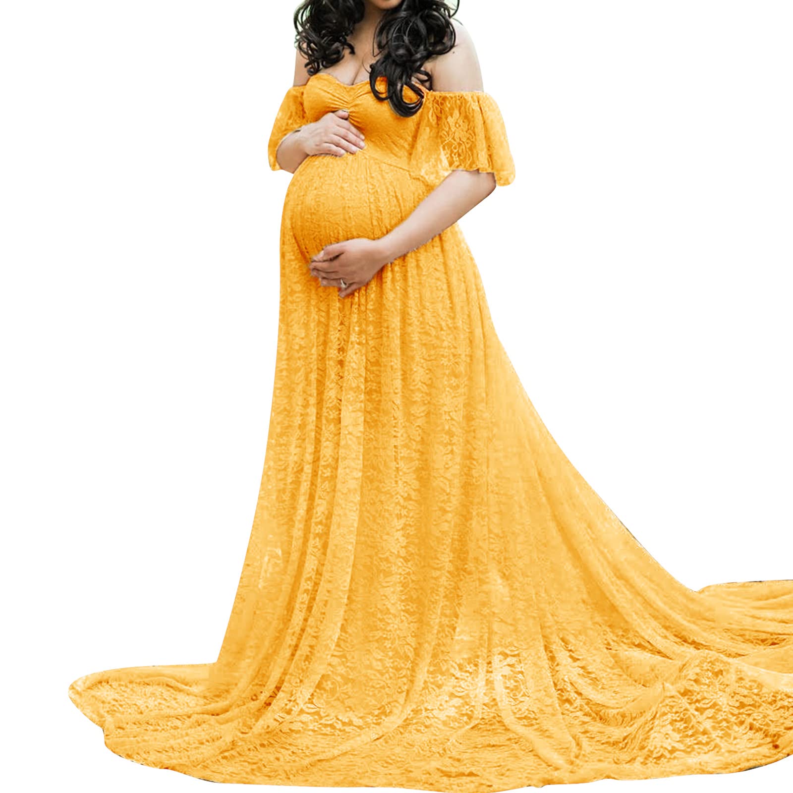 Elegant Off Shoulder Lace Maternity Maxi Dress for Women - Breathable Summer Pregnancy Gown for Baby Showers, Maternity Photos & Special Occasions