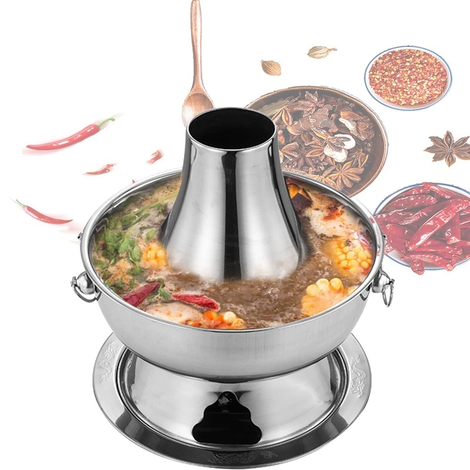 Premium Copper Hot Pot with Charcoal Burner - 32cm Stainless Steel Detachable Pot for Family Dinner & Party Gatherings - Traditional Style (Silver) - Perfect for Home Cooking, Camping & Outdoor Dining