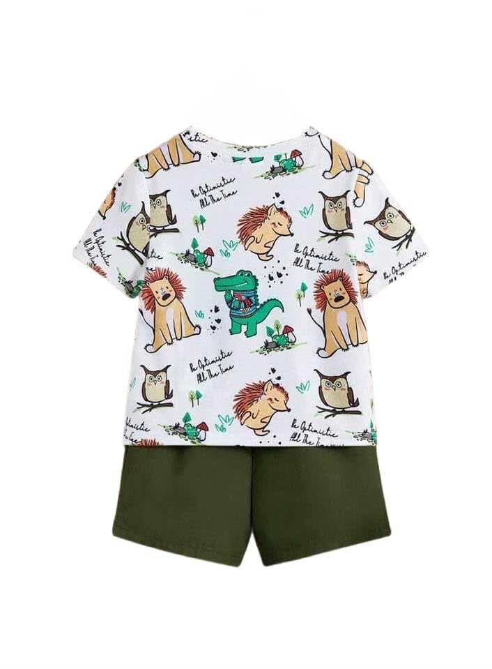 Adorable Baby Boy Cartoon Print T-Shirt & Shorts Set - Soft Cotton Casual Outfit for Summer - Perfect for Playdates, Beach Trips & Family Outings