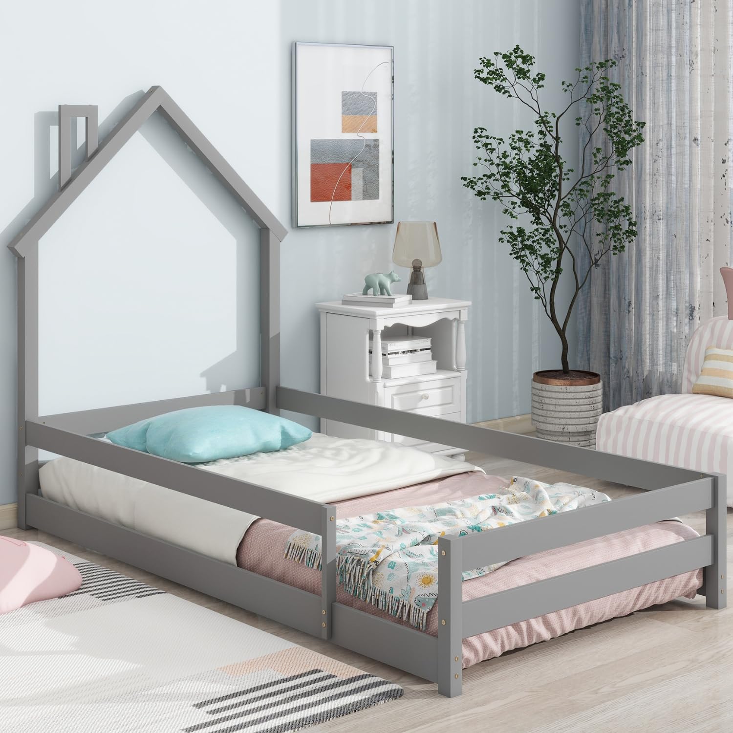 Montessori Twin Size Wood Floor Bed Frame with Safety Rails & House-Shaped Headboard - Low Profile Grey Wooden Bed for Kids Boys Girls - Perfect for Montessori Bedrooms, Daycare Centers & Toddler Rooms