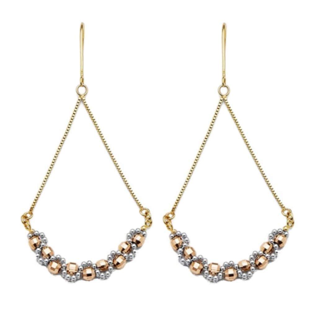 14K Gold Tri-Color Diamond Cut Beaded Hanging Earrings for Women - Elegant Everyday Jewelry Gift for Girlfriend, Wife - Perfect for Date Night, Office Wear & Special Occasions