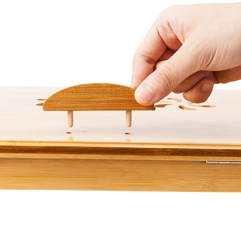 Adjustable Bamboo Laptop Desk with Tilting Shelf & Drawer - Foldable Legs, Multifunctional Breakfast Serving Tray - Double Flowers Wood Color - Perfect for Home Office, Bed, Sofa & Dining Table Use