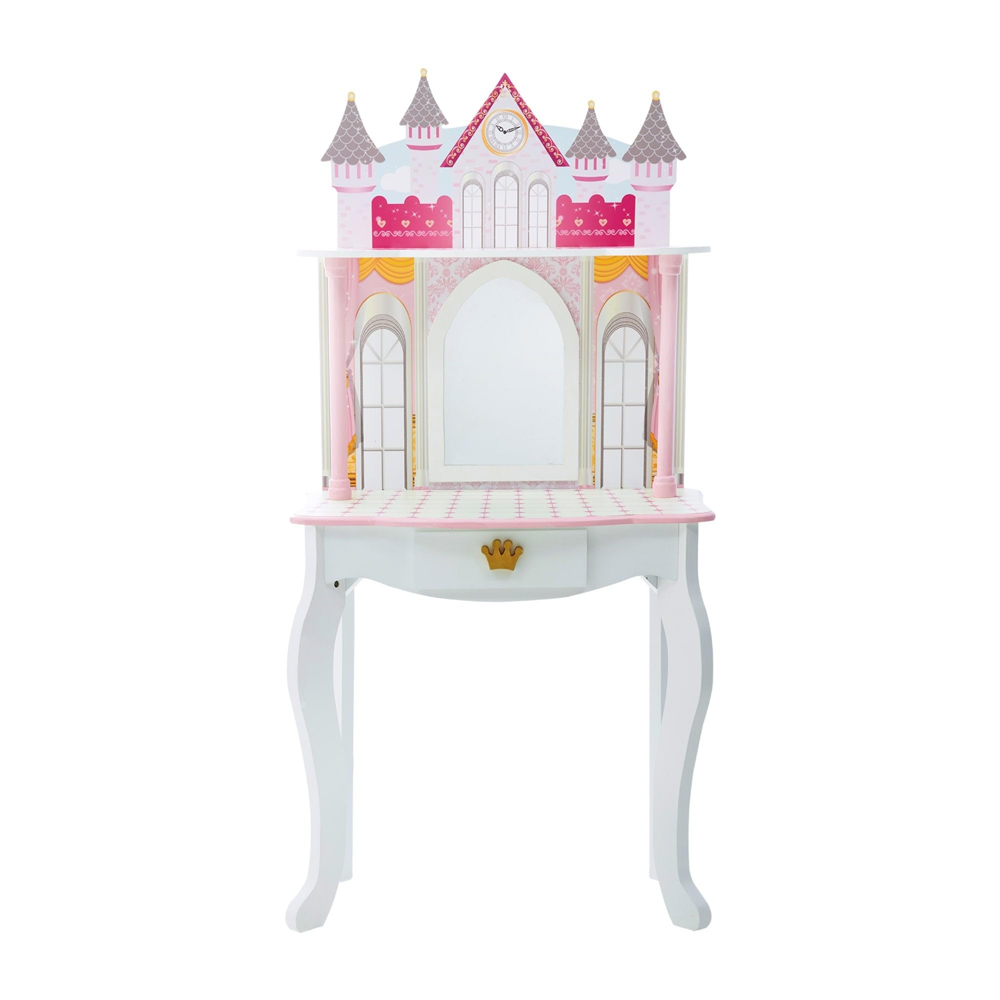 Teamson Kids Dreamland Princess Play Vanity Set with Mirror, Shelf, Storage Drawer & Stool - White & Pink Doll Furniture for 12