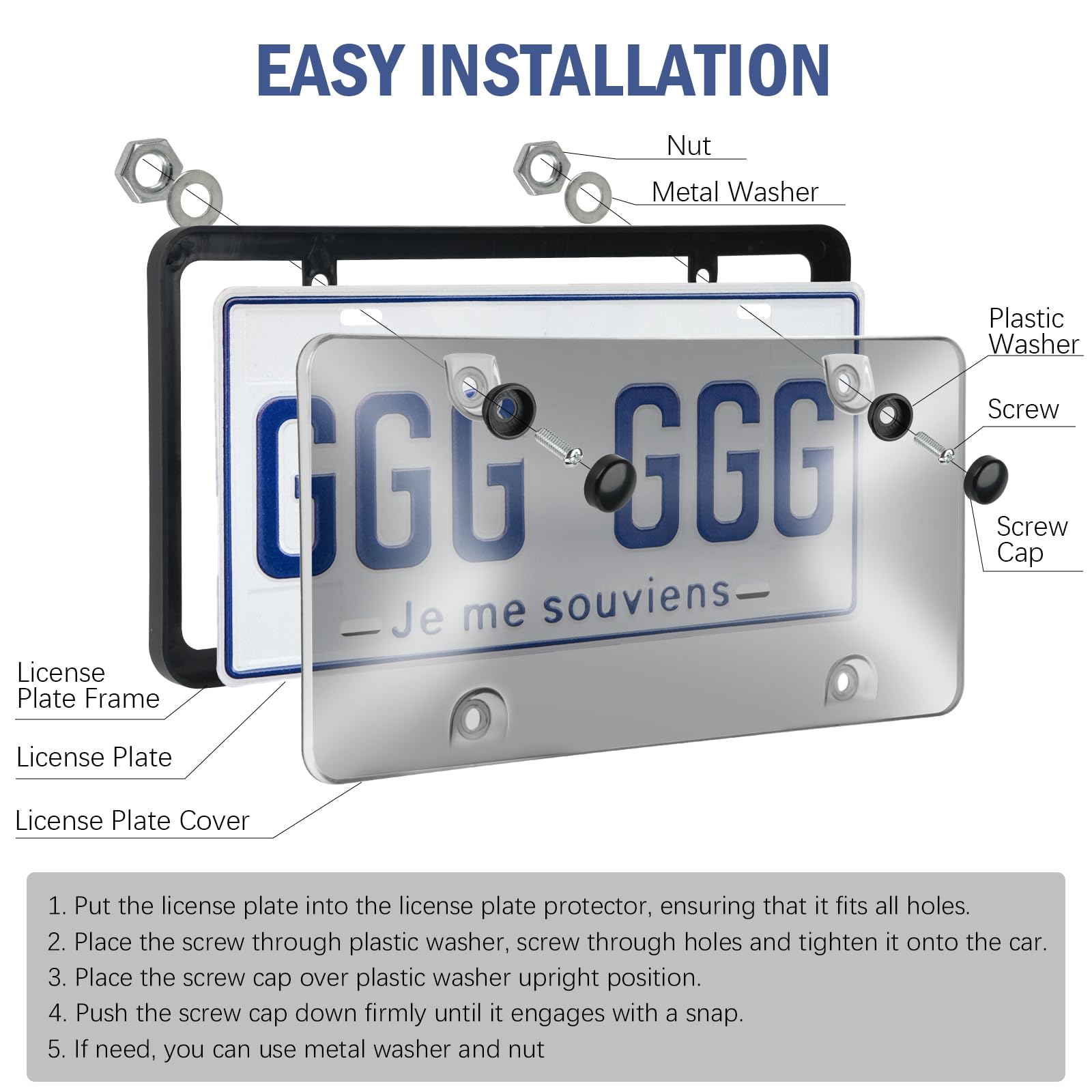 2 Pack Black License Plate Covers & Frames Combo with Screw Caps - Universal Plastic Car Accessories for Most Vehicles | Front/Rear License Plate Protector for Cars, Trucks & SUVs