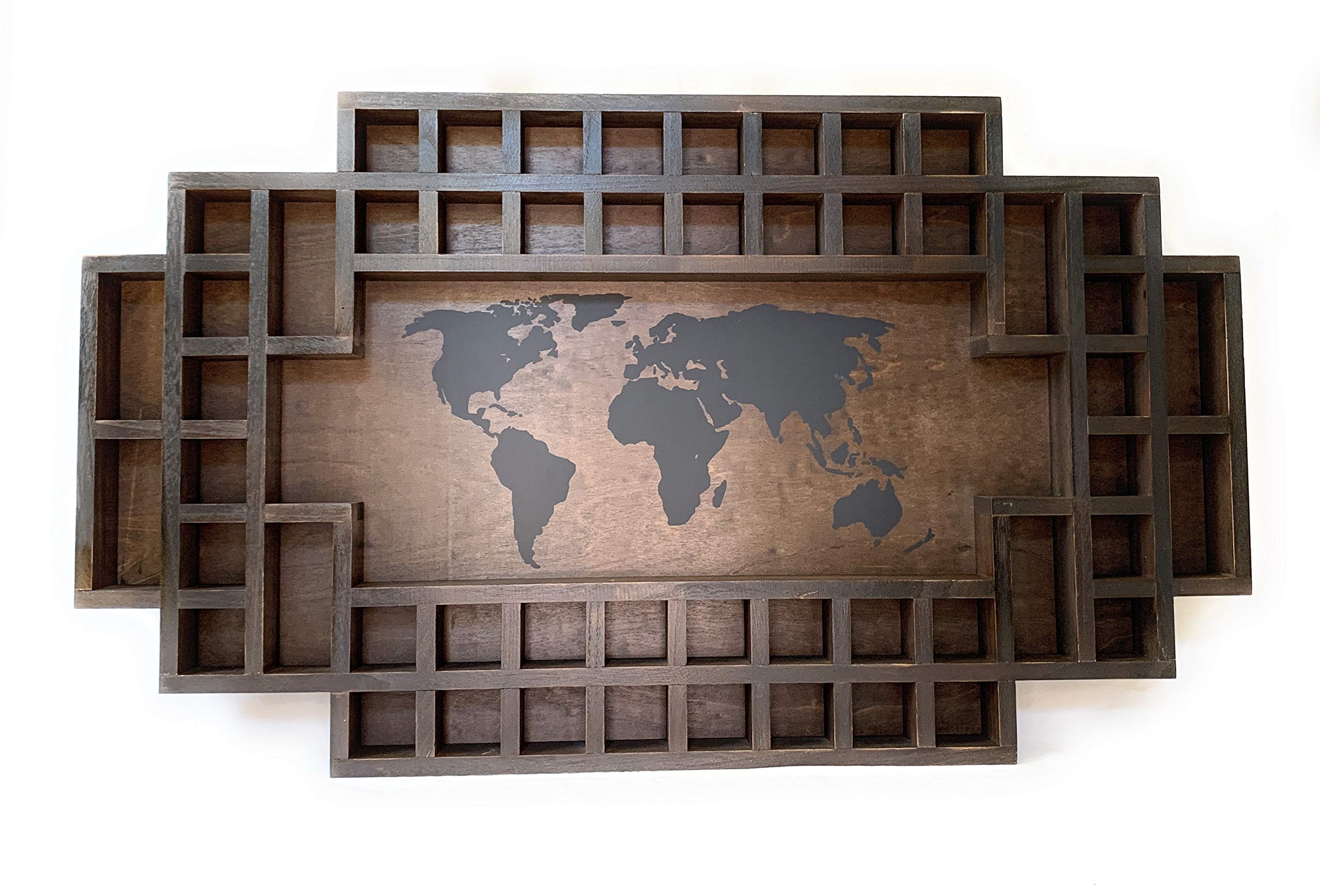52 Slot Shot Glass Display Stand - Mahogany Wood with World Map Design - Perfect for Home Bar, Party Decor & Whiskey Glass Collection