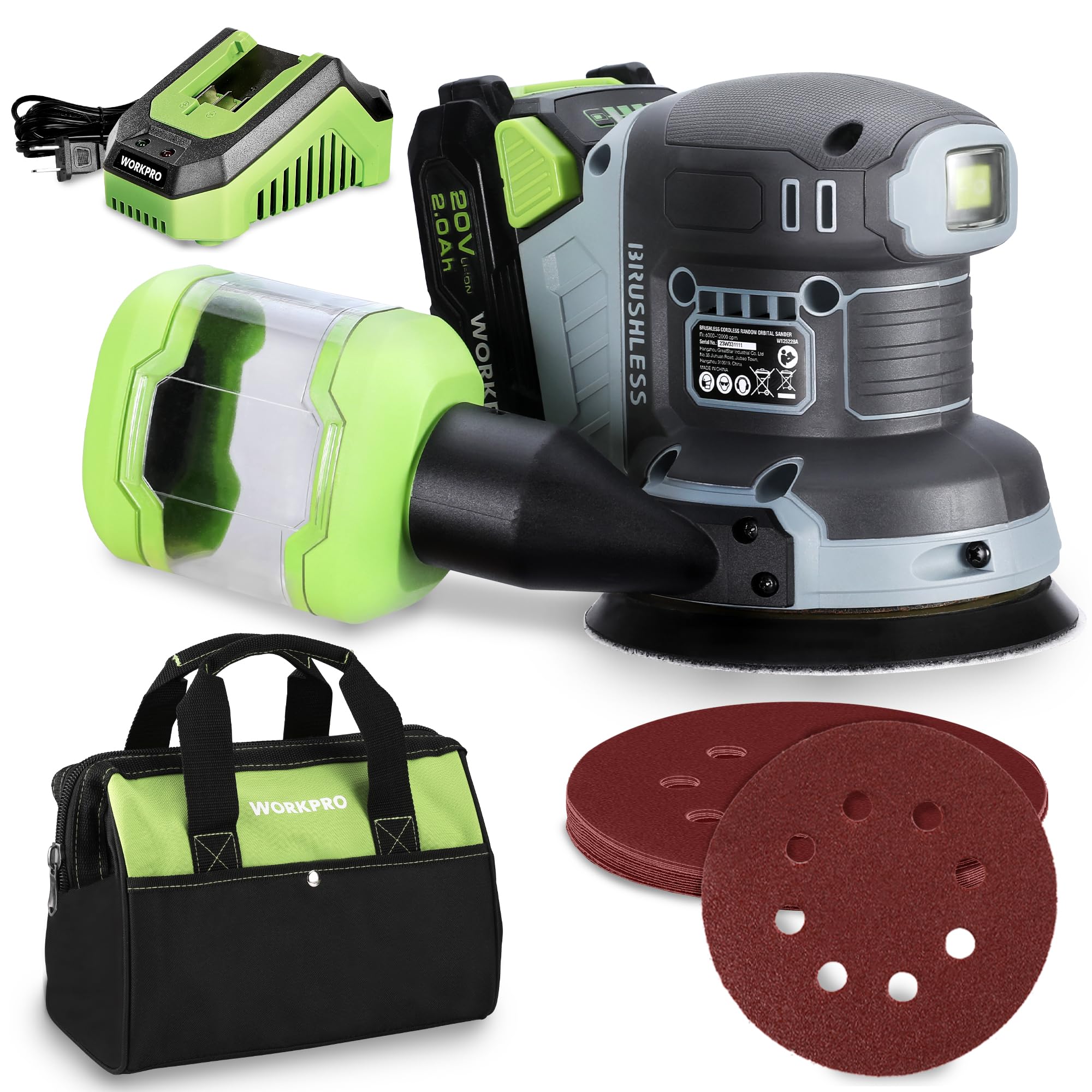 WORKPRO 20V Brushless Cordless Random Orbital Sander - 5 Inch Electric Sander with 6 Variable Speeds (6000-12000 OPM) for Woodworking, Includes Battery, Charger, Dust Collector, Tool Bag & 15 Sanding Discs - Perfect for DIY Projects, Furniture Refinishing & Home Renovation
