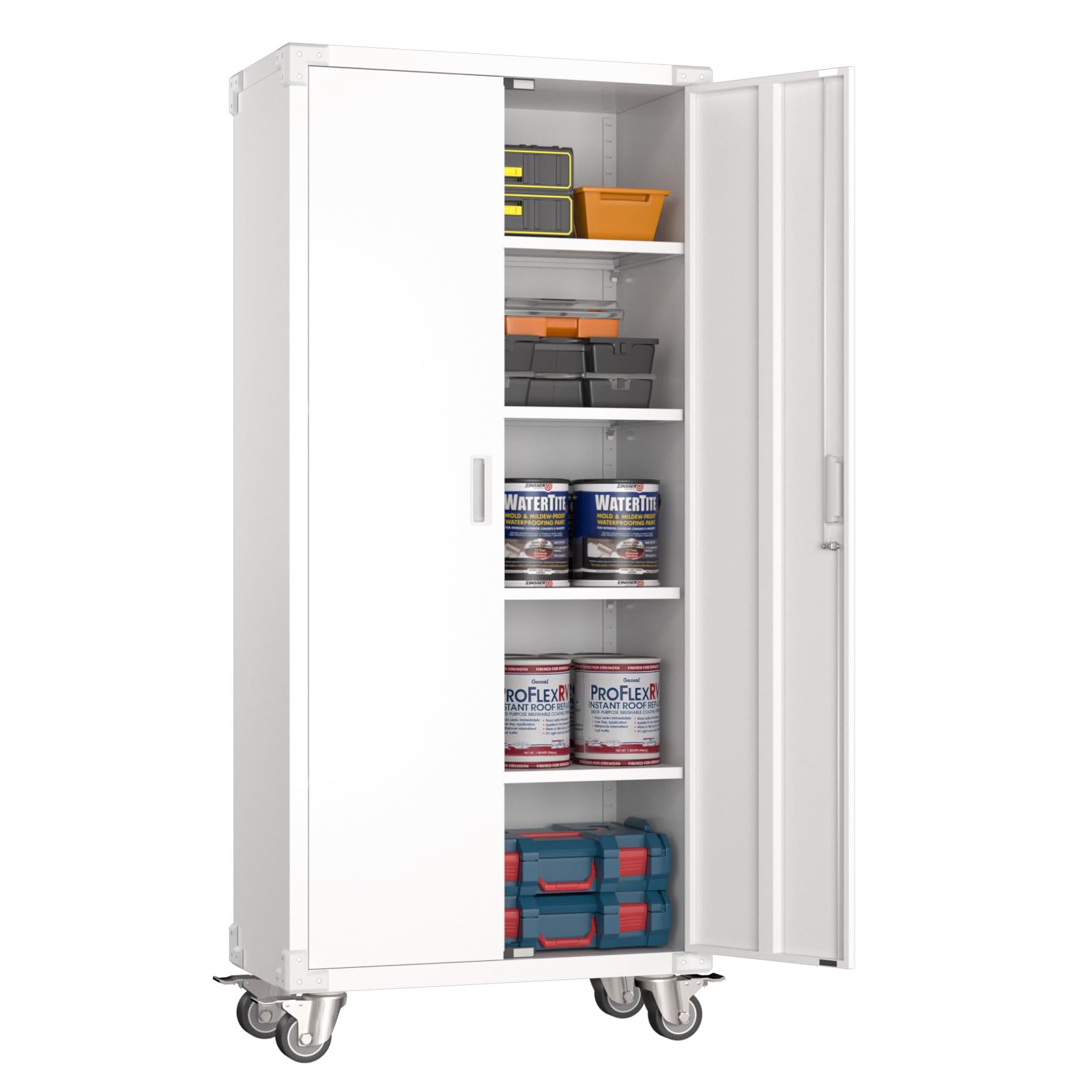 Aobabo Heavy Duty Metal Storage Cabinet with Wheels & Lock - 2 Door Steel Cabinet with 4 Adjustable Shelves for Office, Home & School Organization - Easy Assembly White - Perfect for Storing Files, Supplies & Equipment