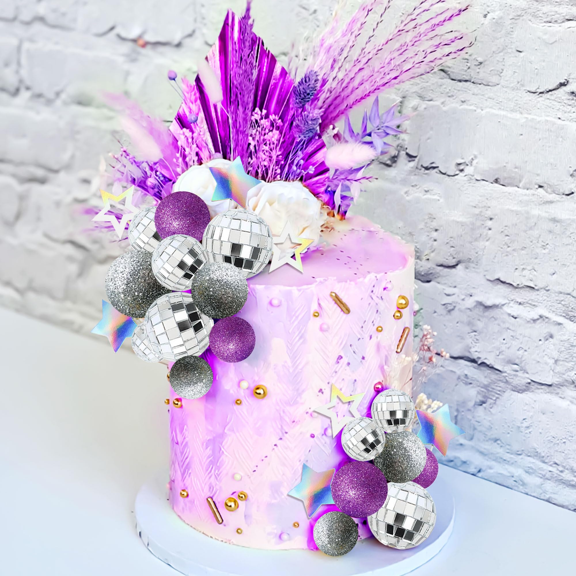 JeVenis Purple Disco Ball Cake Topper - 80s Themed Dancing Queen Birthday Party Decorations - Silver Glitter Cake Balls for Wedding, Bachelorette & Retro Celebrations