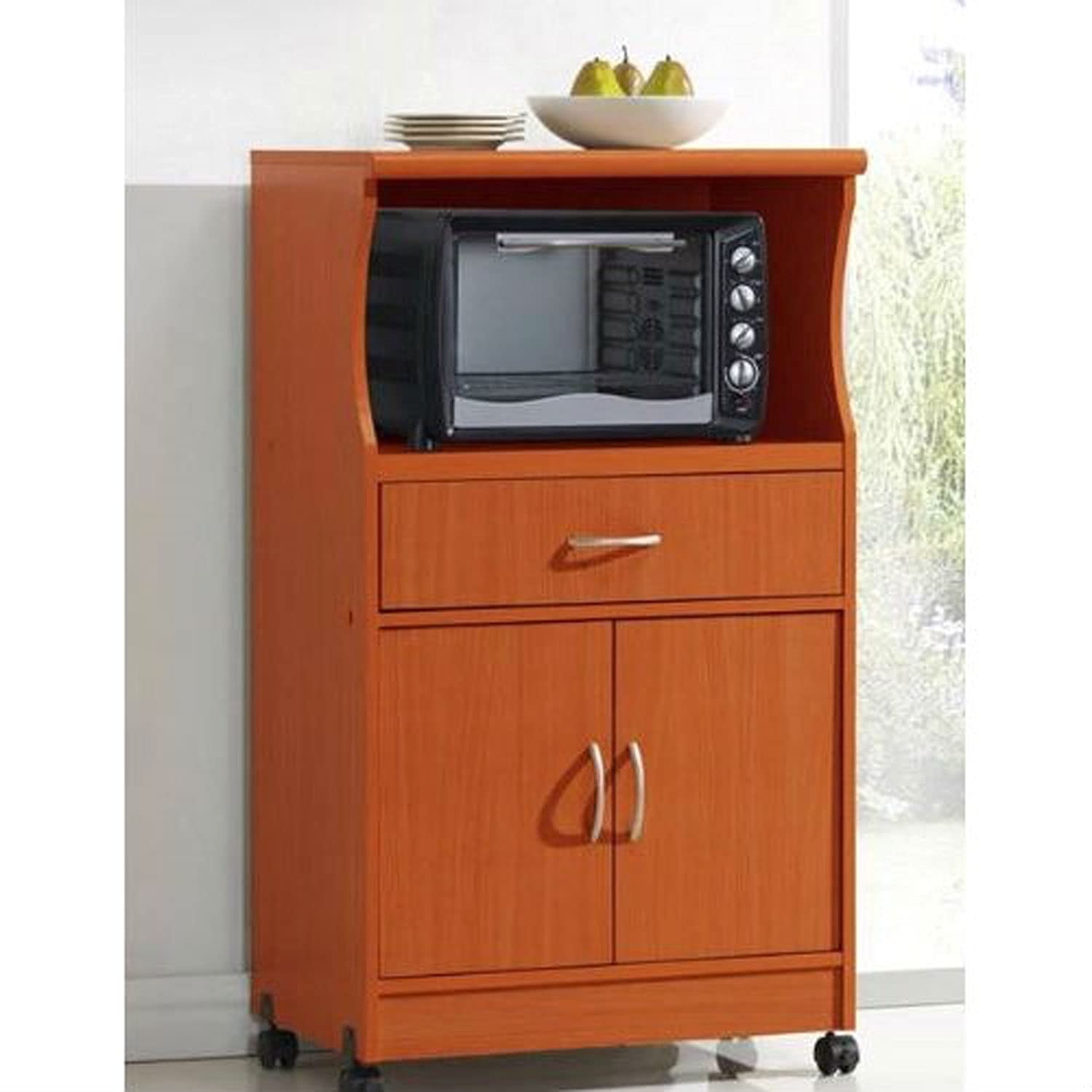 Solid Mahogany Wood Microwave Stand with Storage Shelf - Compact Kitchen Cabinet Organizer for Small Spaces, Countertop & Pantry Storage