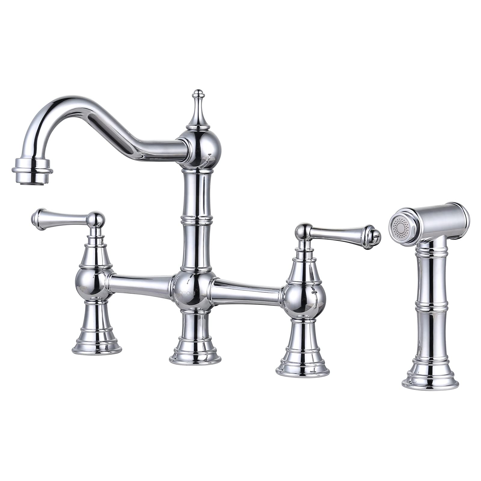 WOWOW 4-Hole Centerset Kitchen Faucet with Pull-Out Sprayer - 8 Inch Brass Bridge Faucet with 2 Handles - Vintage Farmhouse Chrome Sink Faucet for Modern & Rustic Kitchens