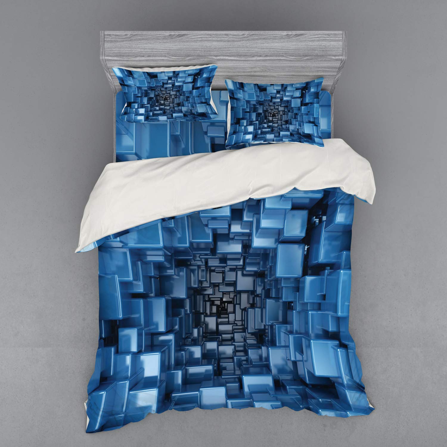 Ambesonne Abstract Geometric Bedding Set - 4 Piece Queen Duvet Cover with Shams & Fitted Sheet - Digital Cube Pattern in Blue - Modern Home Decor for Bedroom & Guest Room