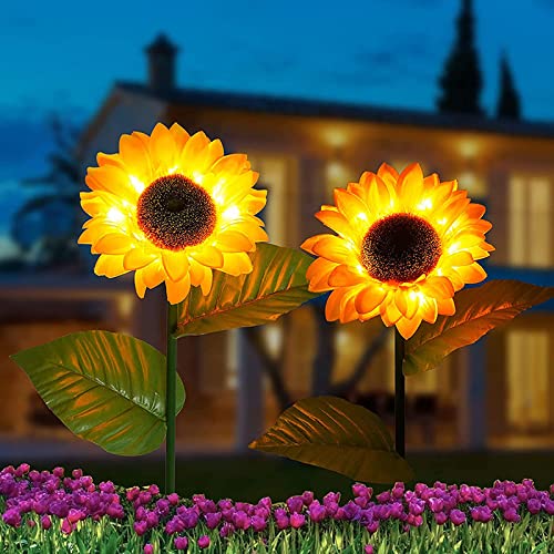 Waterproof Solar Garden Lights Outdoor - 2 Pack Sunflower Solar Powered LED Lights for Yard, Lawn, Porch, Pathway, Backyard Decoration - Weatherproof Solar Flower Lights for Patio, Garden, Walkway, Terrace