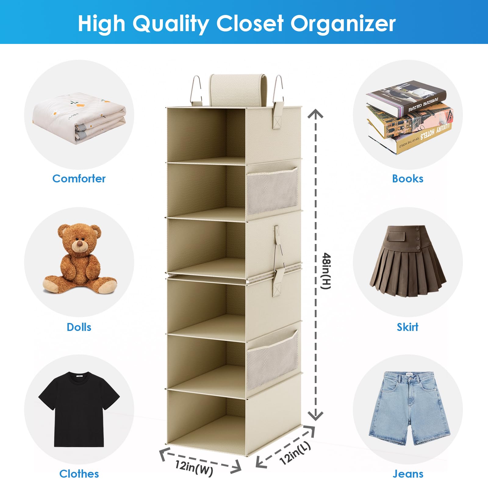 Fixwal 2-Pack 3-Shelf Hanging Closet Organizer | 6-Shelf Separable Storage Shelves | Collapsible Space-Saving Solution for Bedroom, Dorm, Pantry & RV | Beige | Perfect for College, Camping & Small Space Organization