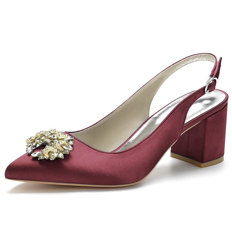 Elegant 6Cm Pointed Toe Satin Wedding Heels for Bride & Bridesmaids - Rhinestone Embellished Slingback Court Shoes (Burgundy, Size 8) | Perfect for Weddings, Evening Parties & Formal Events