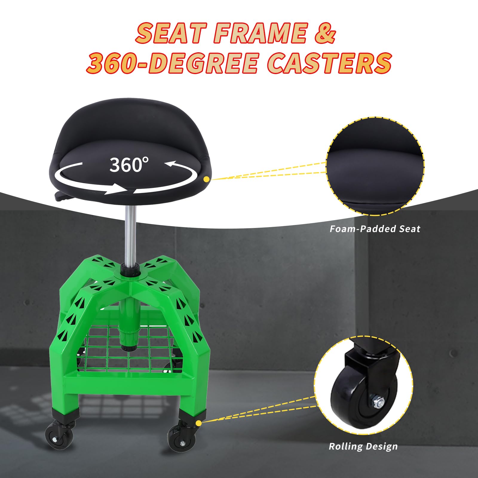 Heavy Duty Green Rolling Shop Stool - 300 Lbs Capacity Adjustable Height Pneumatic Swivel Stool with Tool Storage | Perfect for Workshop, Garage & Industrial Use