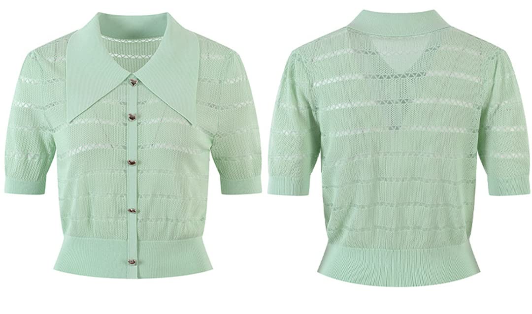 Women's Short Sleeve Knit Cardigan with Heart Buttons - Casual White & Green Sweater Top for Spring & Summer | Perfect for Office, Date Night & Weekend Outfits