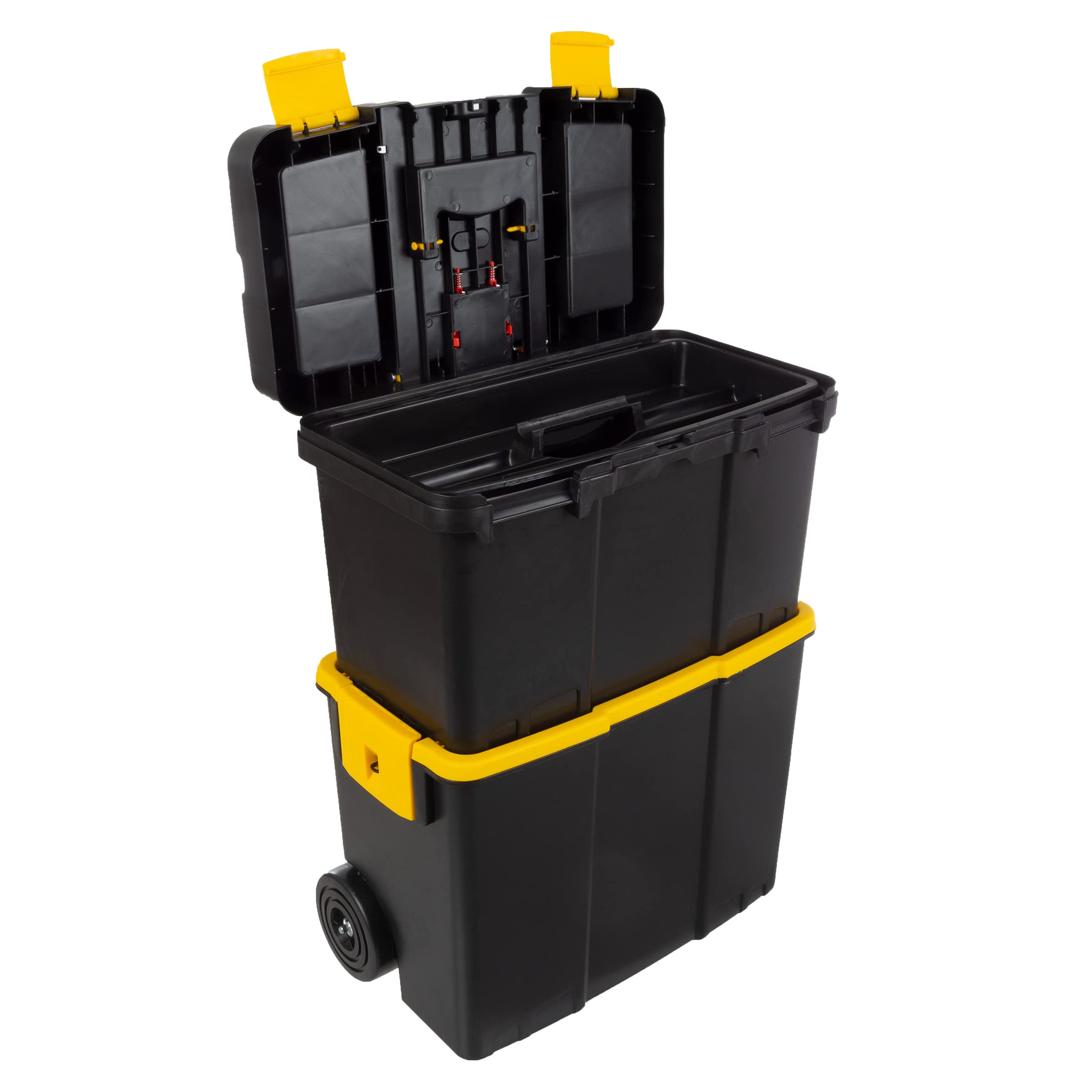Stalwart 2-in-1 Portable Tool Box with Wheels - Stackable Tool Chest with Fold-Down Comfort Handles, Heavy-Duty Latches & Removable Storage Trays (Black/Yellow) - Perfect for Home Garage, Workshop & Job Site Organization