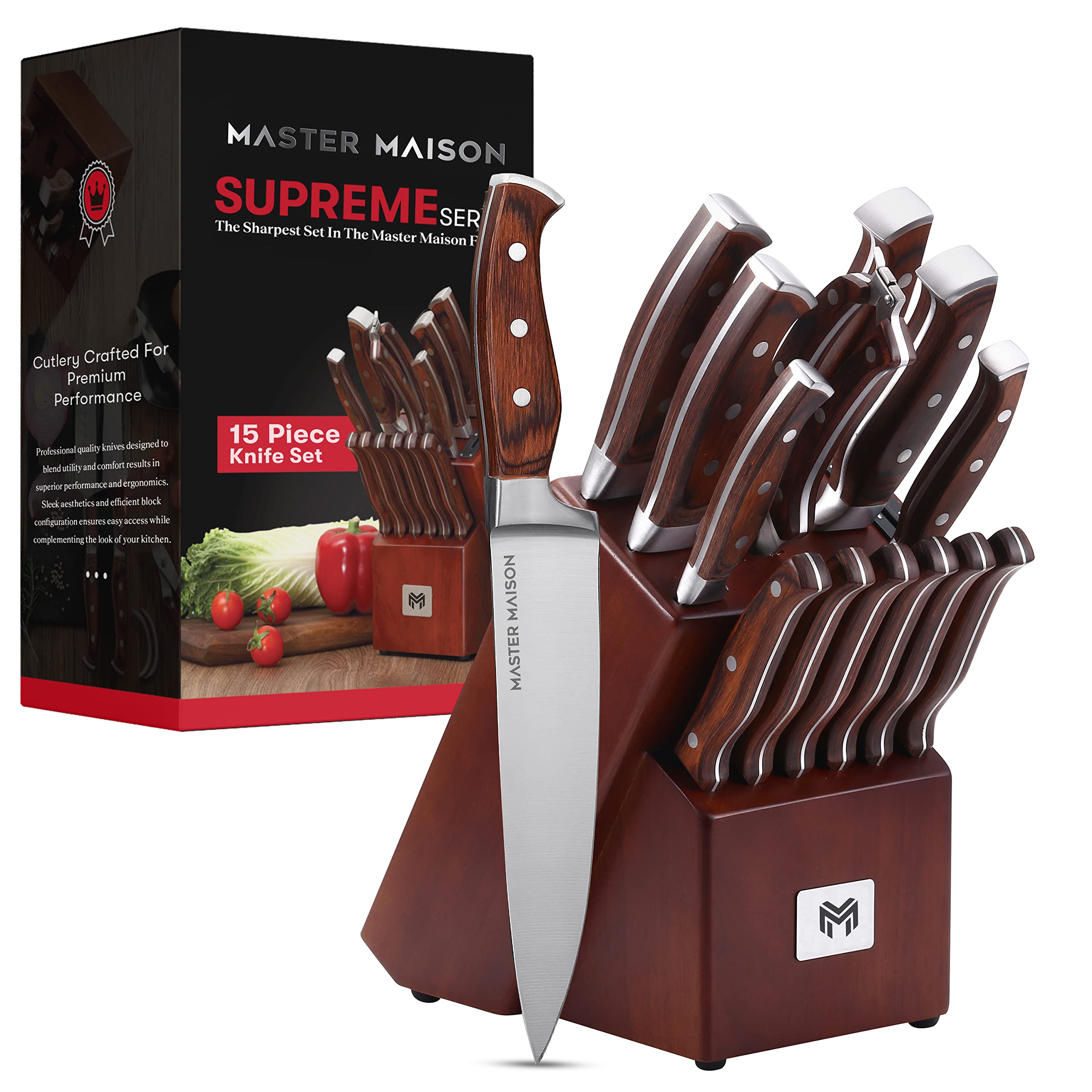 Premium 15-Piece Kitchen Knife Set with Walnut Block - Stainless Steel Knives Including Chef Knife, Utility Knives & 6 Steak Knives - Comes with Knife Sharpener - Perfect for Home Cooking, Professional Chefs & Gift Giving