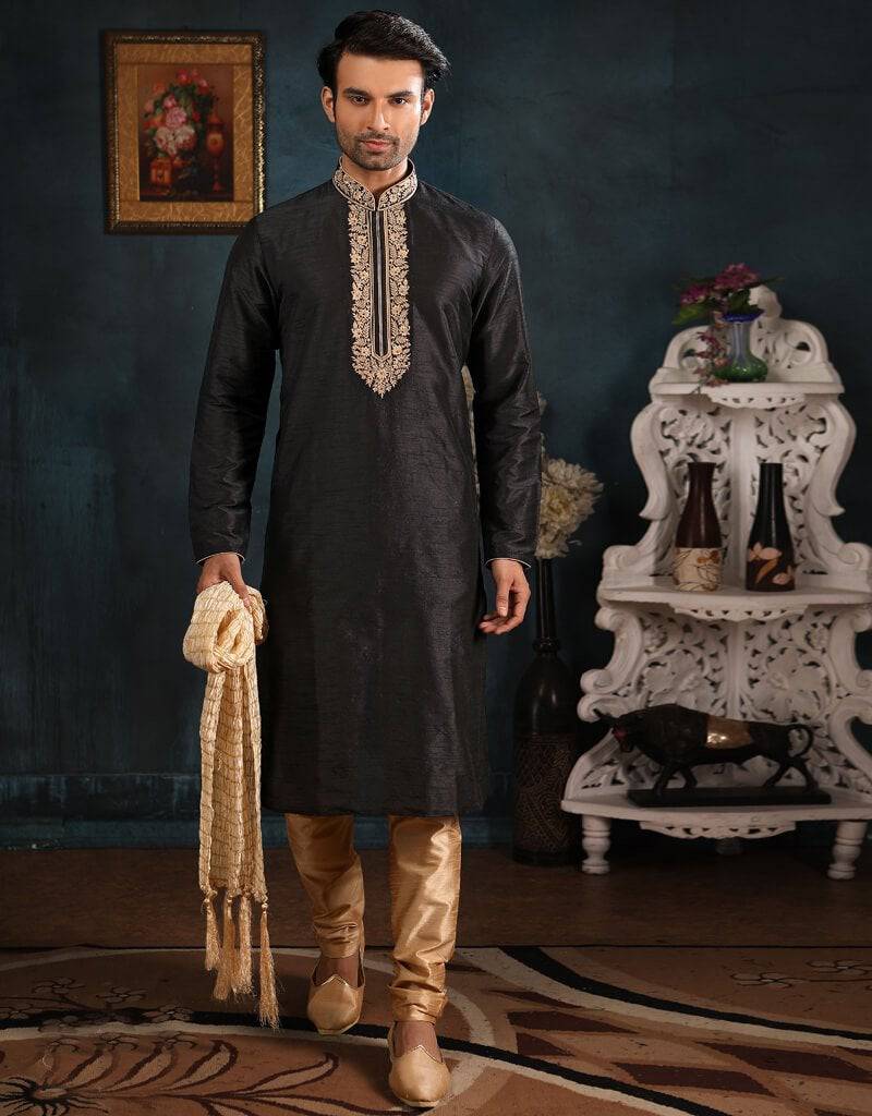 Elegant Black Banarasi Silk Kurta with Churidar - Traditional Indian Ethnic Wear for Festivals, Weddings & Special Occasions