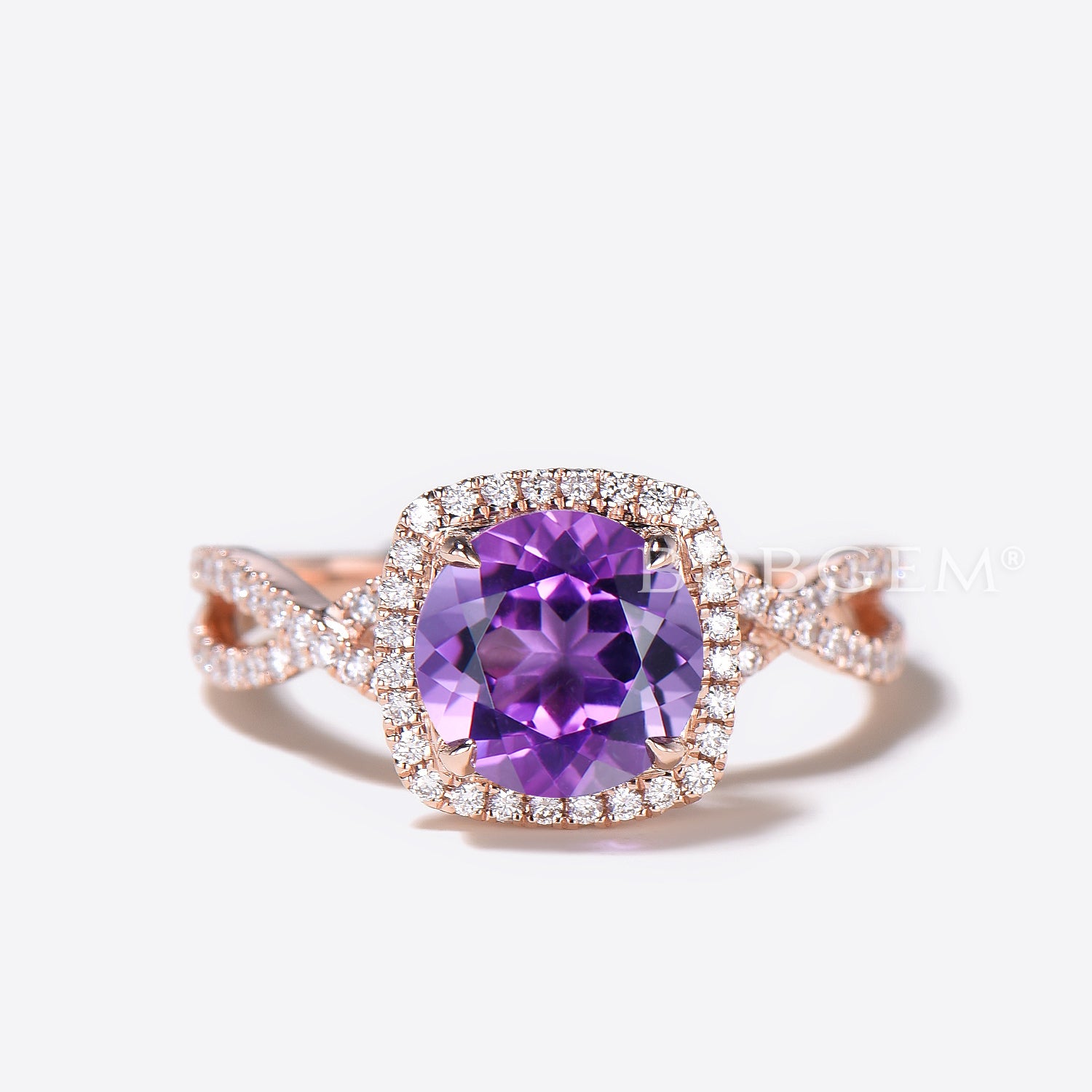 Twisted Round Cut Natural Amethyst Engagement Ring with Diamond Halo - Split Shank Wedding Band for Women | Perfect for Proposals, Anniversaries & Special Occasions
