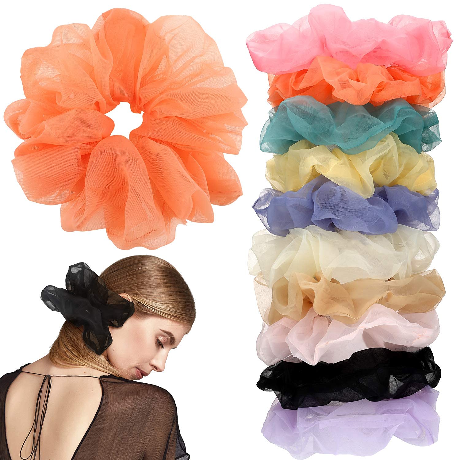 BAKEFY 6-Pack Vintage Organza Hair Scrunchies - Soft Elastic Ponytail Holders for Women & Girls - Assorted Colors Hair Accessories for Parties, Weddings & Everyday Style