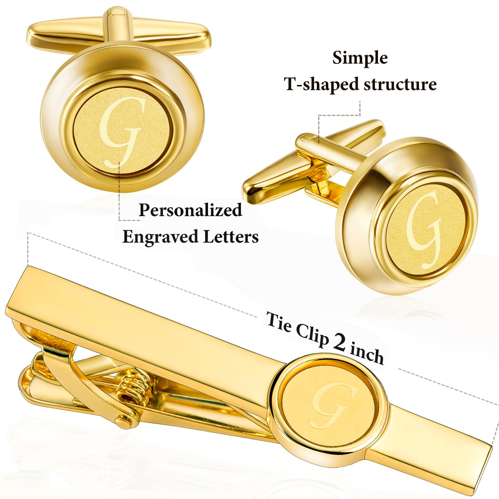 HAWSON 2 Inch Gold Engraved A-Z Letter Cufflinks and Tie Clip Set for Men - Elegant Formal Accessories for Business, Wedding & Special Occasions