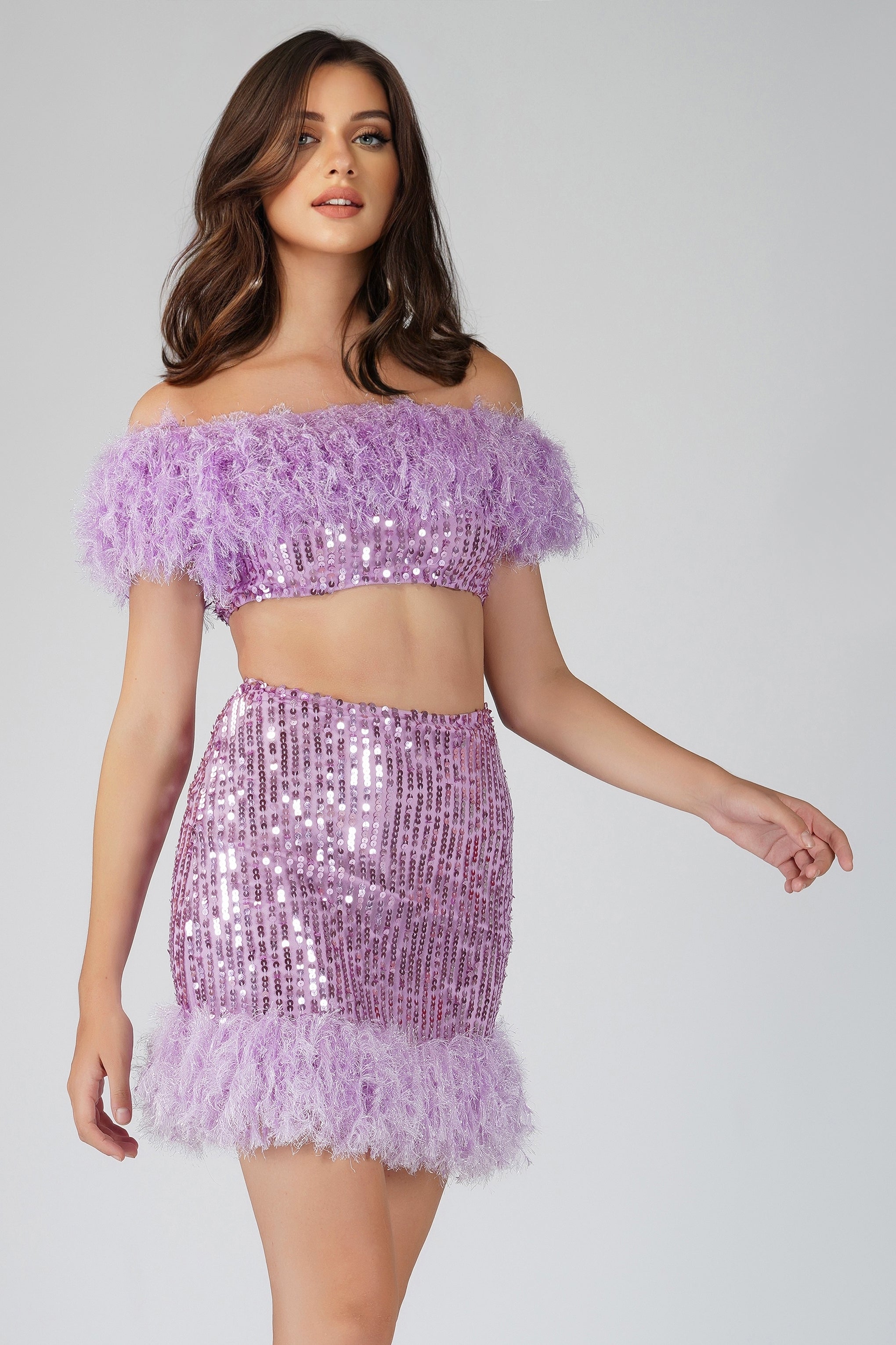 Zuri Sequin Lilac Purple Feather Top for Women - Glamorous Party Blouse for Night Out, Clubwear, and Special Occasions