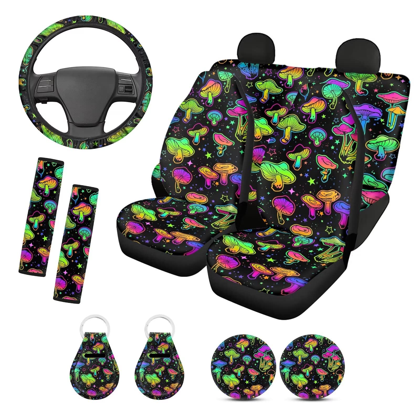 Colorful Mushroom Car Accessories for Women - Full Interior Set with Steering Wheel Cover, Seat Belt Pads, Coasters & Keychains | Girly Car Decor for Trucks, SUVs & Sedans | Perfect for Daily Commute, Road Trips & Gifts