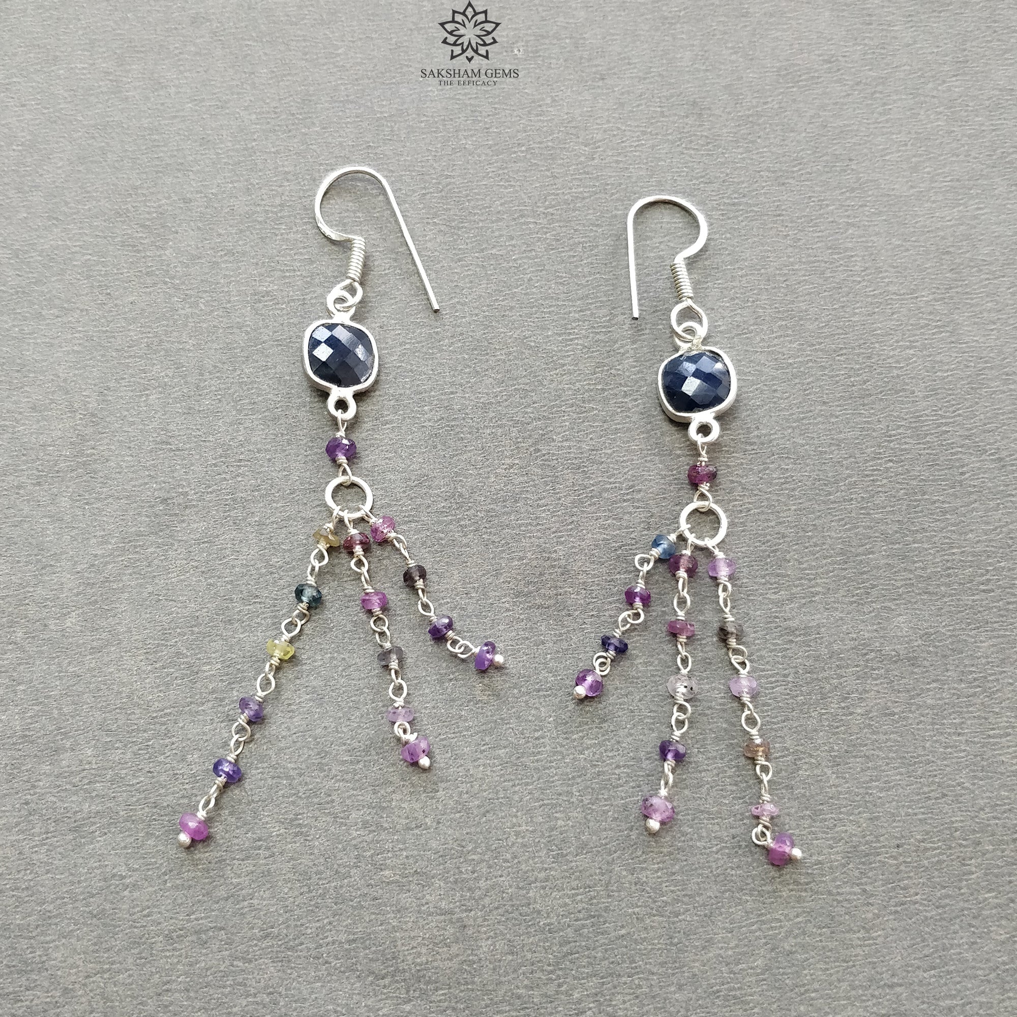 925 Sterling Silver Jewelry Set with 9.26g Natural Untreated Blue & Multi Sapphire Gemstone Beads - Necklace & Drop Dangle Earrings for Women | Perfect for Weddings, Parties & Special Occasions