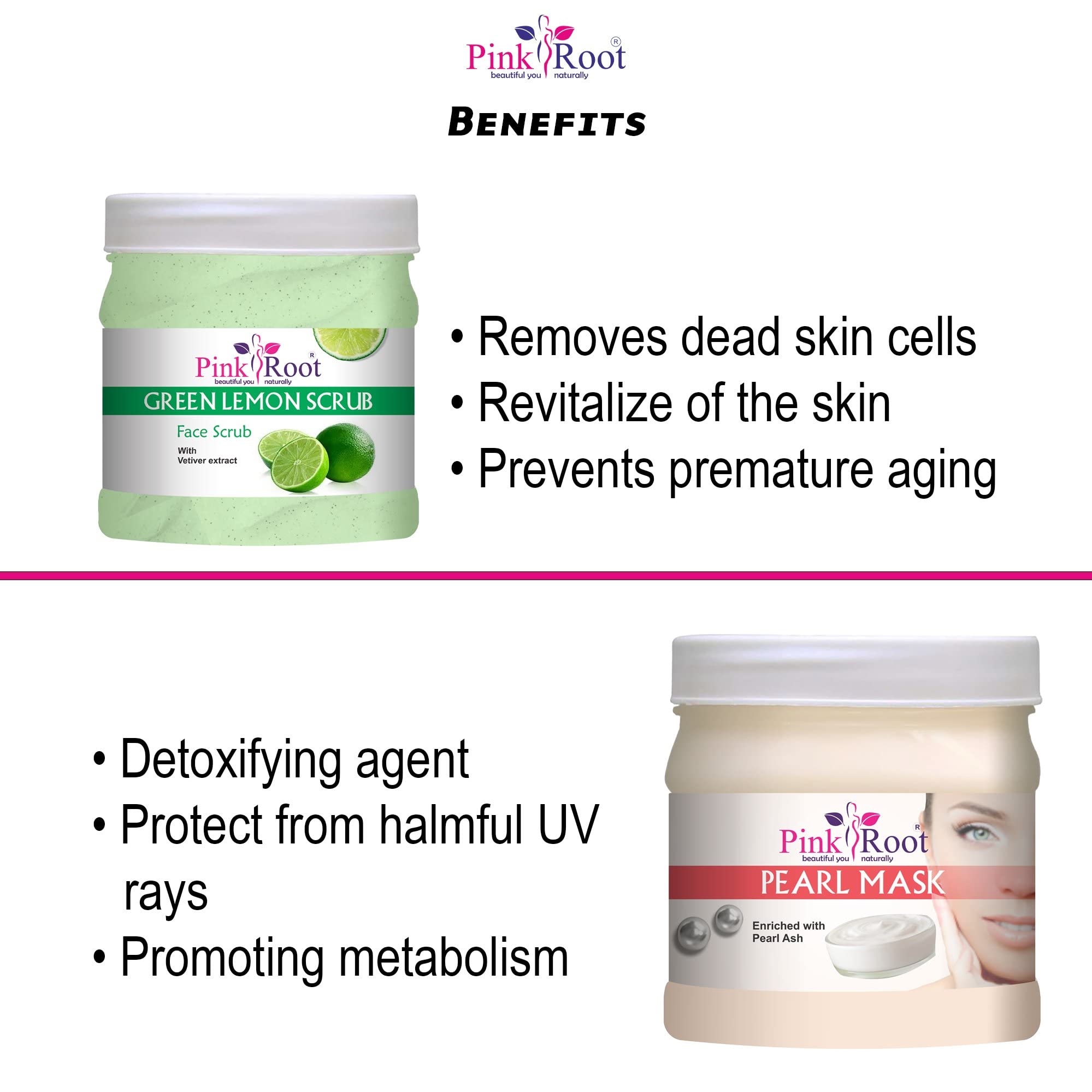 Pink Root Green Lemon Scrub 500g with Pearl Mask 500g - Exfoliating & Brightening Facial Treatment for Glowing Skin | Perfect for Daily Skincare Routine & Spa Day at Home