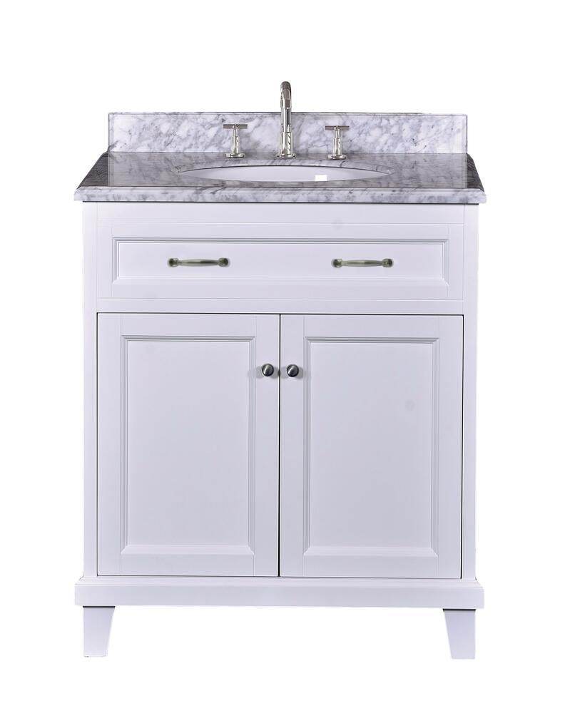 White Bathroom Vanity with Solid Wood Frame & Carrara Marble Top - 3 Size Options for Modern Bathroom Decor | Perfect for Master Bath, Guest Bath & Small Space Remodeling