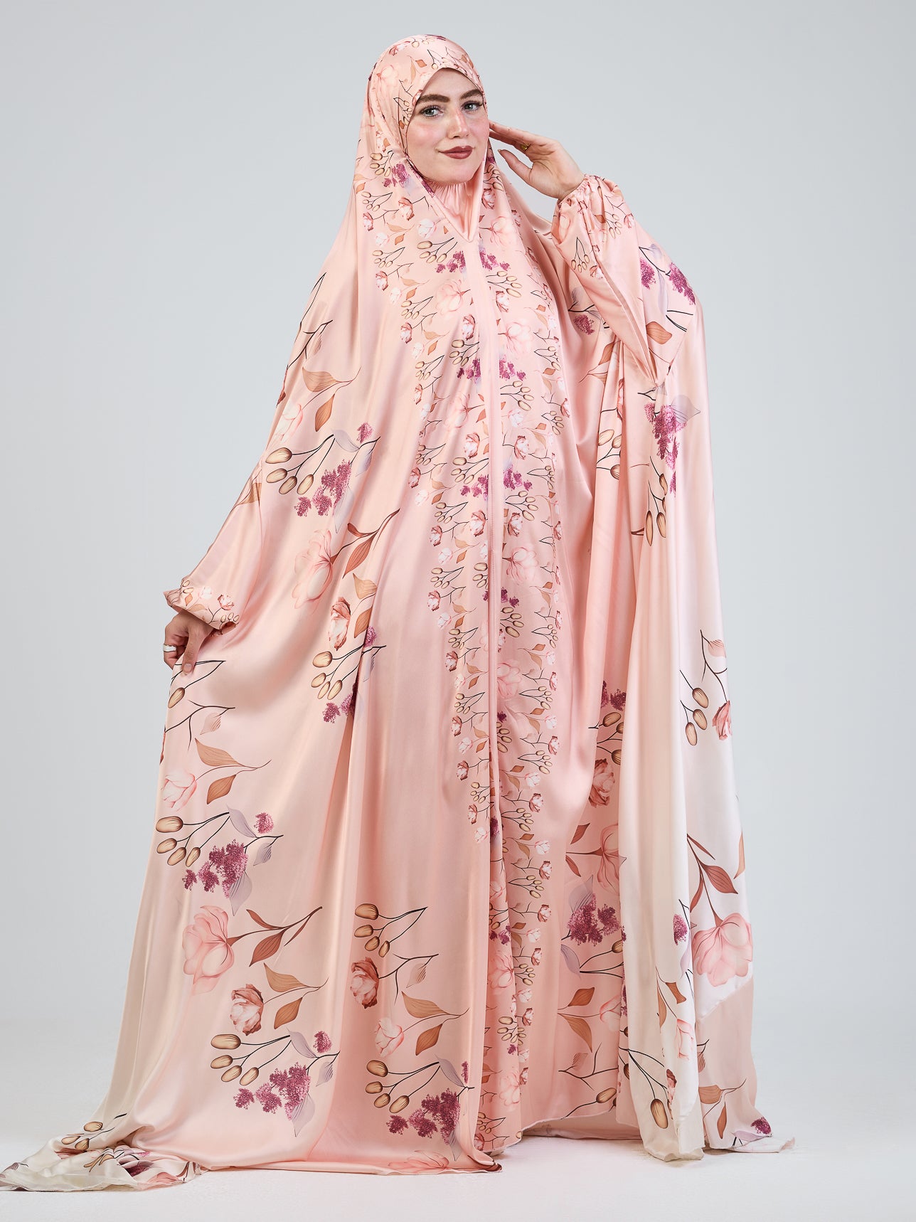 Mazna Blush Bloom Satin Prayer Gown with Pouch & Elastic Cuffs - Elegant Islamic Prayer Dress for Women, Comfortable Modest Nightgown for Home & Mosque Worship