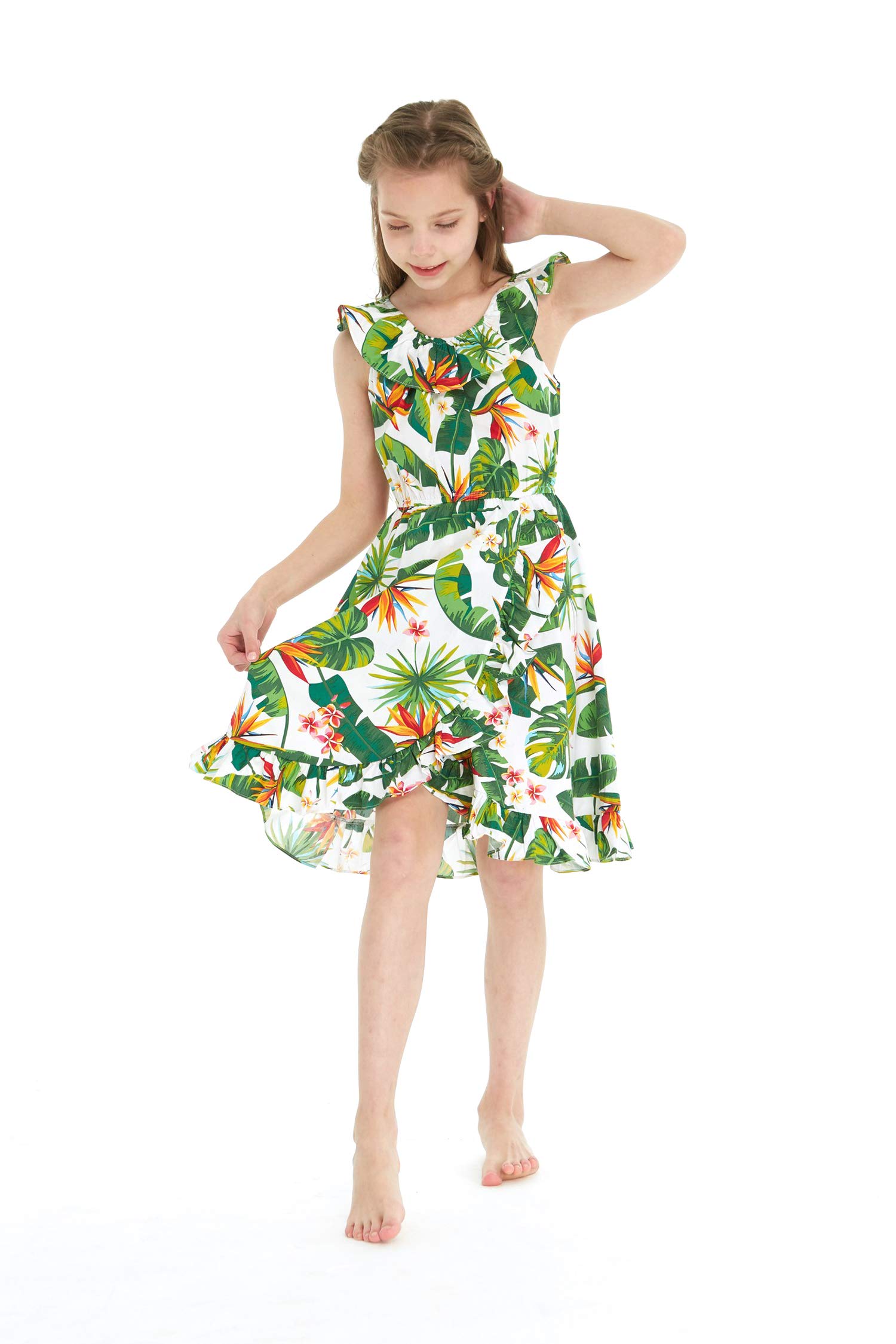 Vintage Tropical Toile Luau Wrap Ruffle Dress for Girls - Perfect for Hawaiian Themed Parties, Beach Vacations & Summer Outfits
