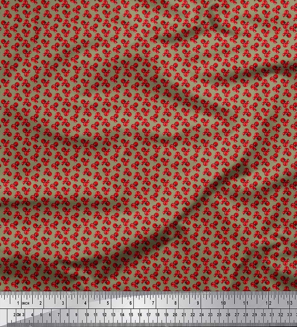 Soimoi Green Silk Fabric by The Yard - 42 Inch Wide - Red Berries Fruits Shirting Cotton Blend - Printed Floral Fabric for Dresses, Blouses & DIY Sewing Projects