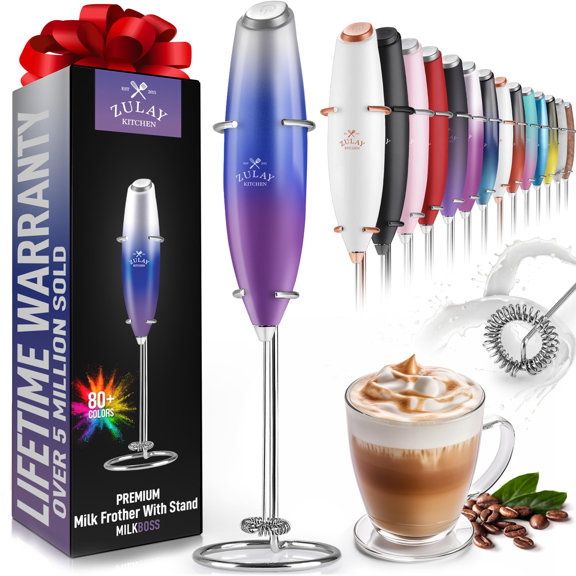 Zulay Kitchen Powerful Milk Frother Wand - Ultra Fast Handheld Electric Whisk for Coffee, Lattes, Cappuccino, Matcha & Hot Chocolate - Perfect for Home, Office & Cafe Use
