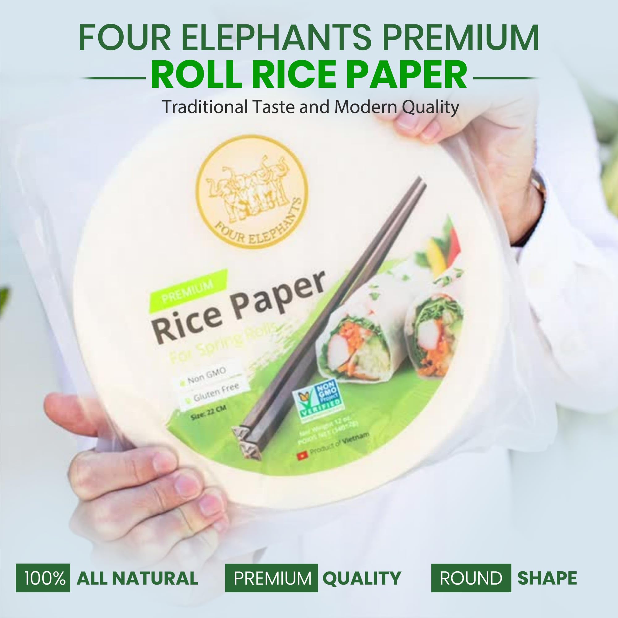 Premium 22cm Round Rice Paper Wrappers - Non-GMO, Pack of 2 (12oz Each) | Four Elephants Brand Restaurant Quality Spring Roll Skins | Quick 1-2-3 Second Prep | Perfect for Vietnamese Summer Rolls, Fresh Spring Rolls & DIY Wraps at Home
