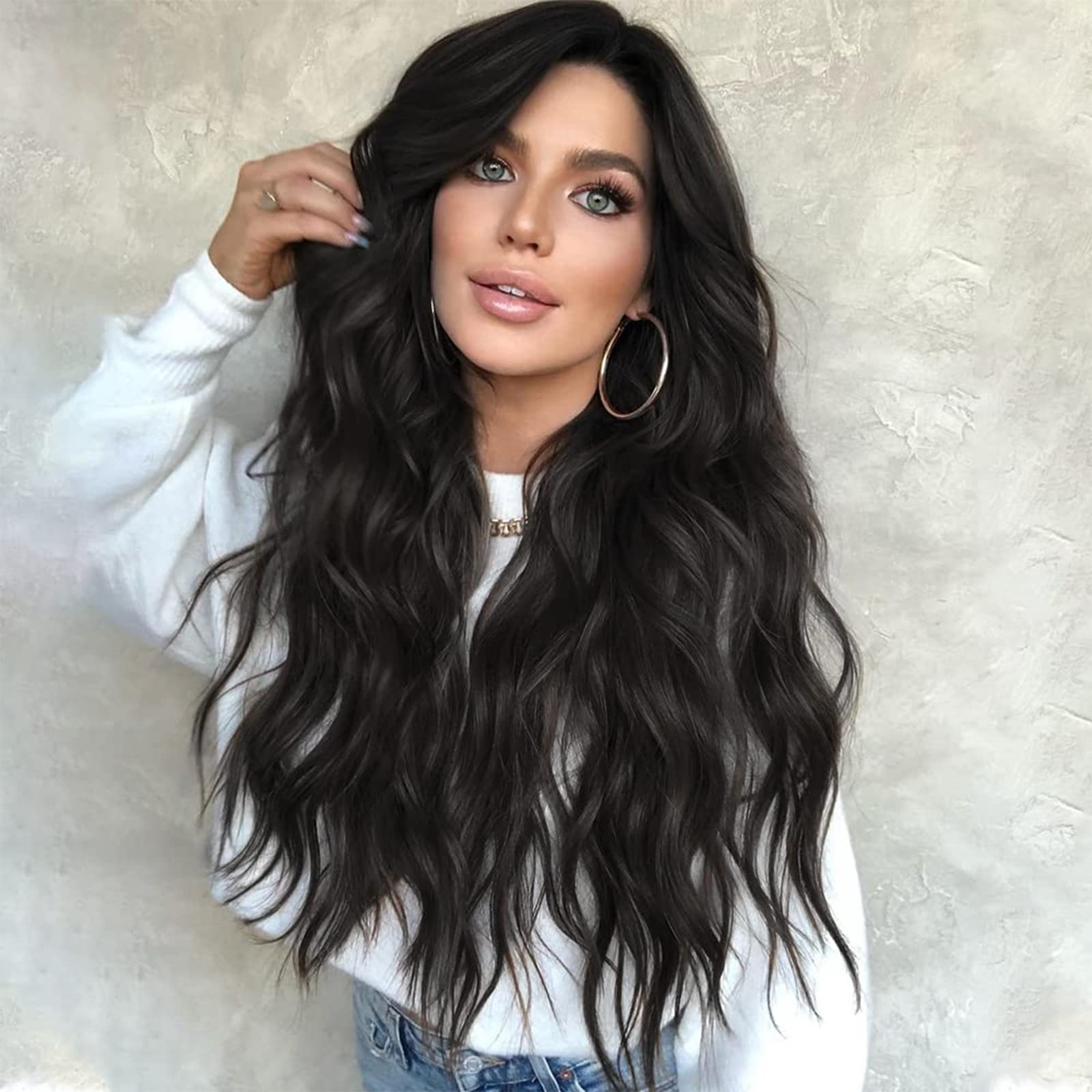 Natural Looking AISI QUEENS Long Black Wigs for Women - Middle Part Curly Wavy Synthetic Heat Resistant Hair Replacement Wig | Perfect for Daily Wear, Parties, Cosplay & Special Occasions