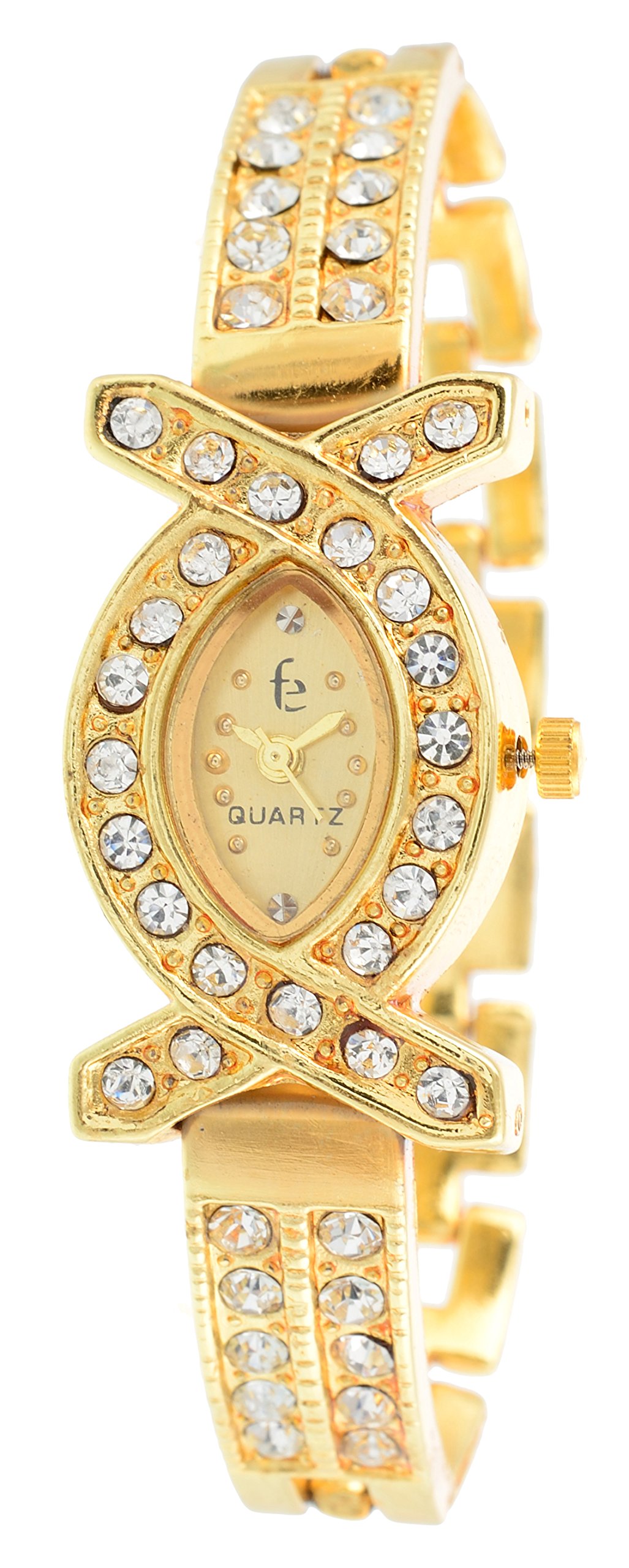 Freny Exim 3-Pack Silver Chain & Gold Diamond Studded Bracelet Watch Set with Soft Black Strap - Elegant Women's & Girls Fashion Watches for Party, Dating & Daily Wear